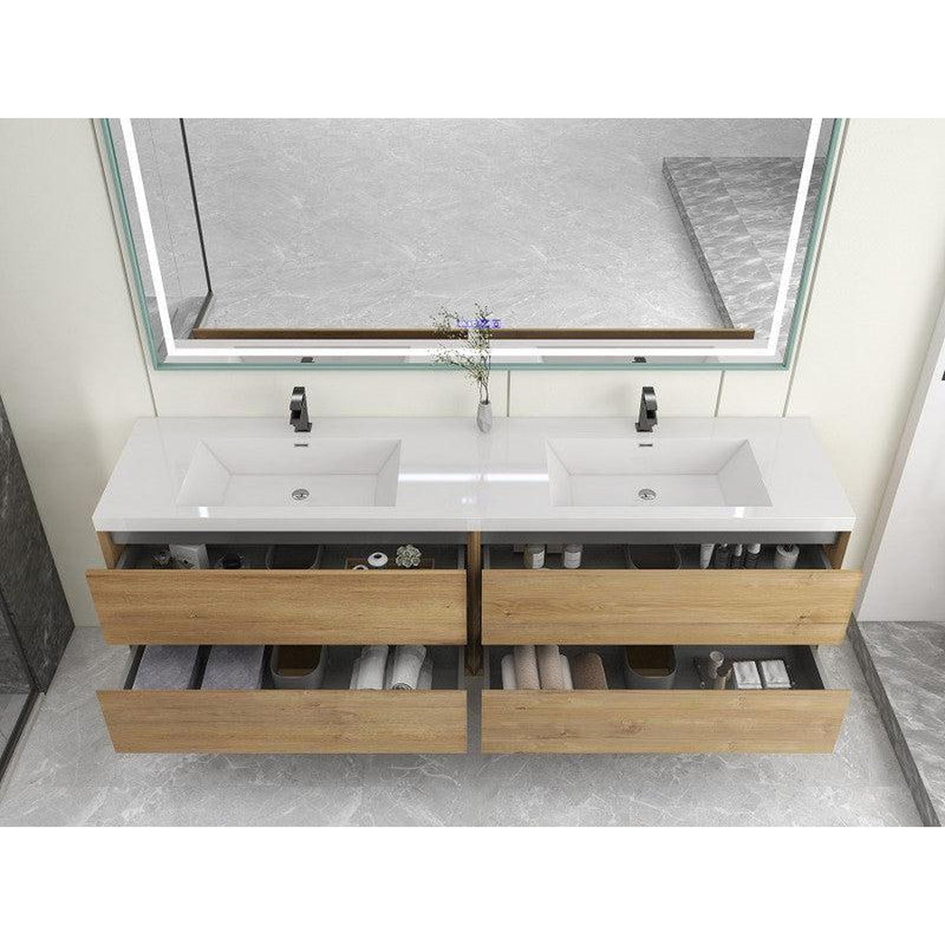 Moreno Bath Kingdee 84" White Oak Wall-Mounted Modern Vanity With Double Reinforced White Acrylic Sinks