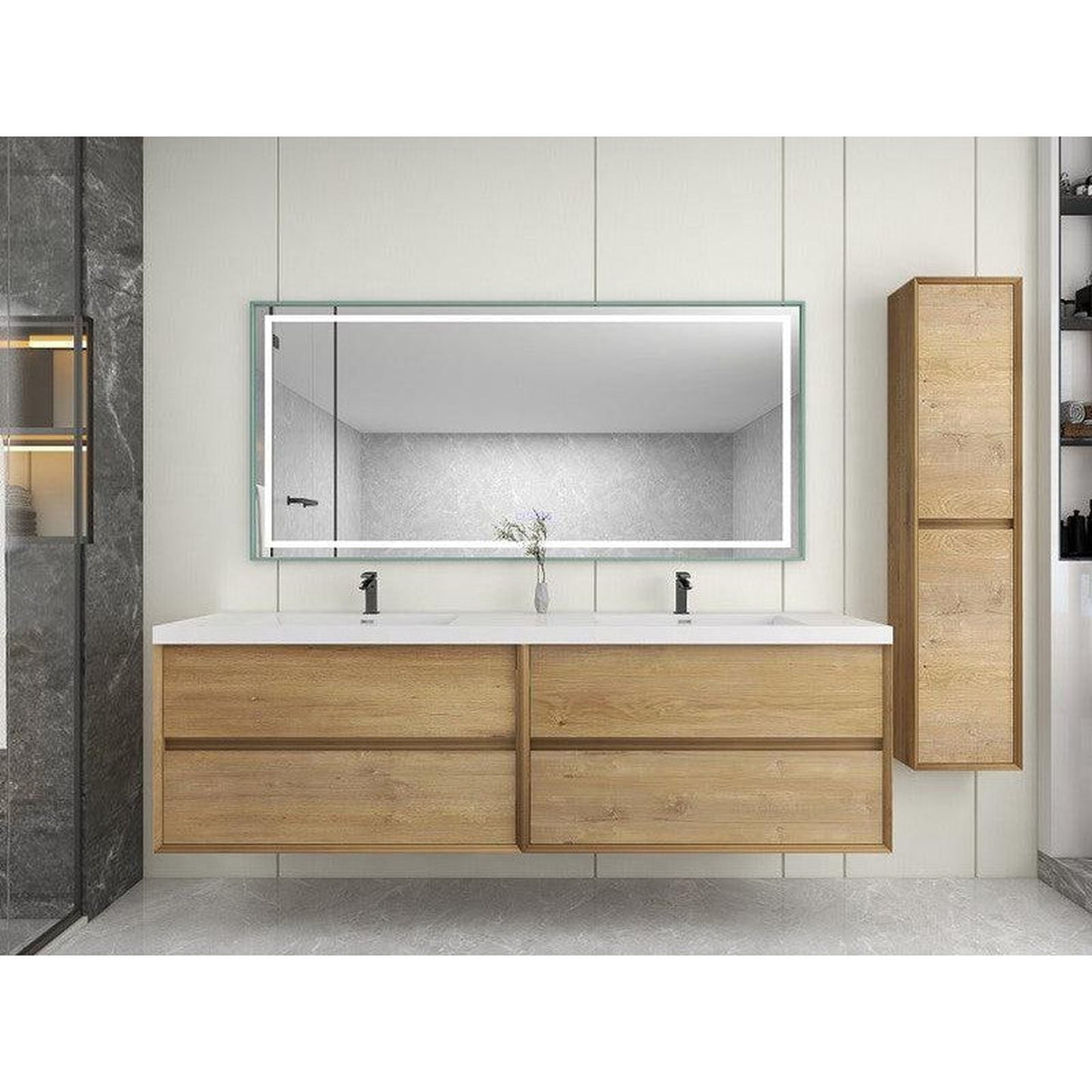 Moreno Bath Kingdee 84" White Oak Wall-Mounted Modern Vanity With Double Reinforced White Acrylic Sinks