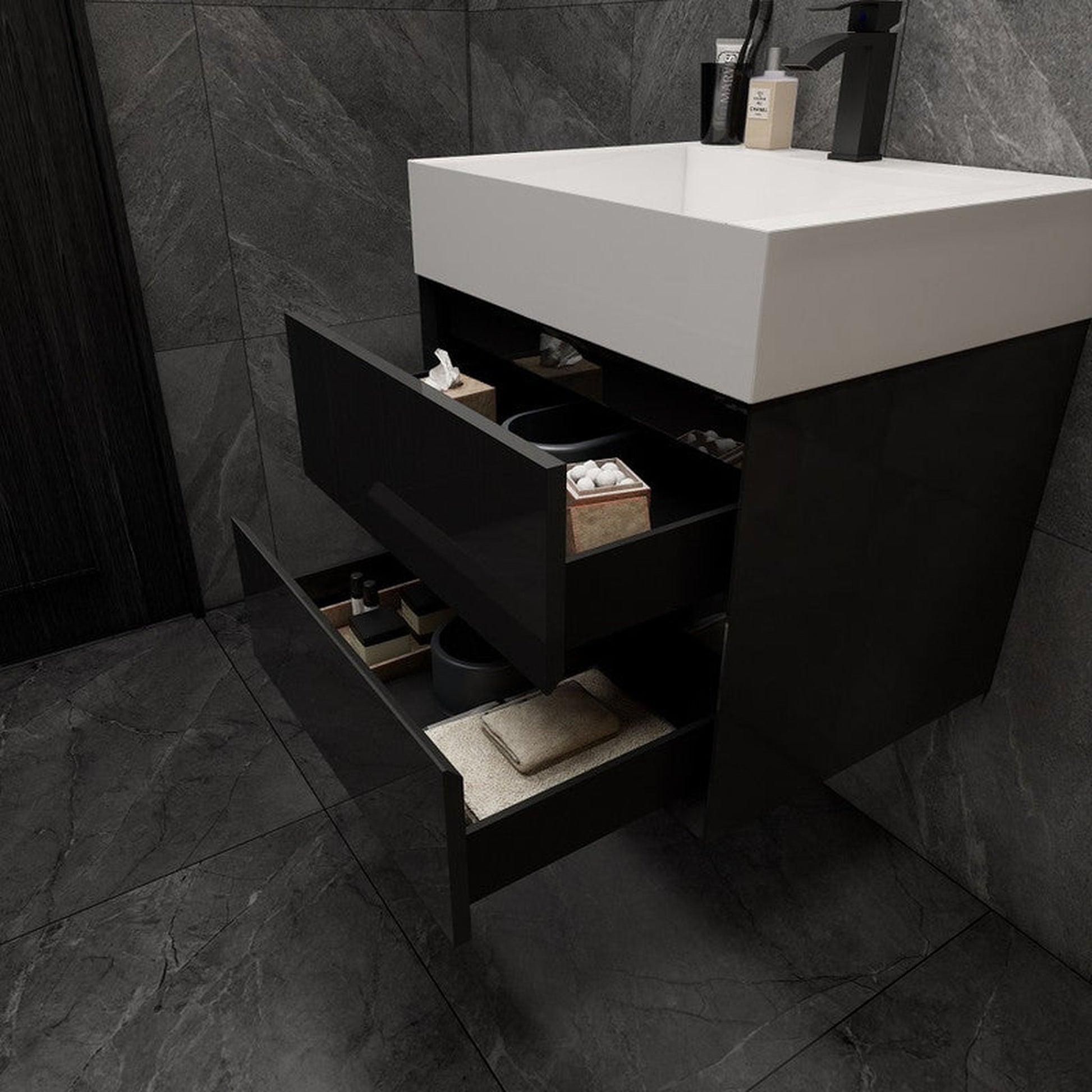 Moreno Bath MAX 24" Gloss Black Wall-Mounted Vanity With Single Reinforced White Acrylic Sink