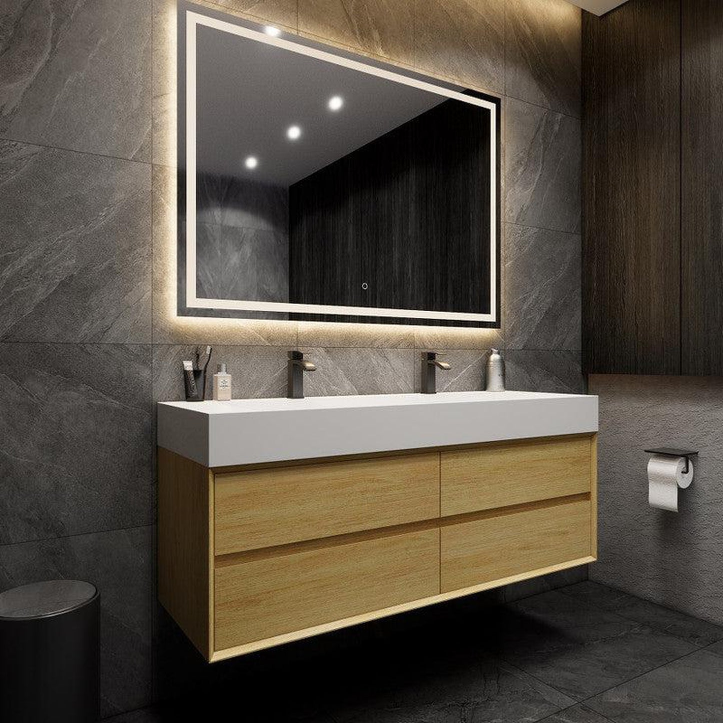 Moreno Bath MAX 60" Coffee Wood Wall-Mounted Vanity With Double Faucet Holes and Reinforced White Acrylic Sink