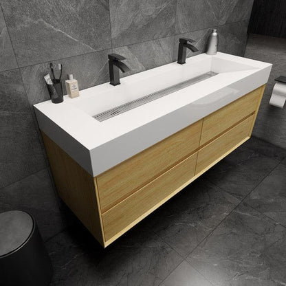 Moreno Bath MAX 60" Coffee Wood Wall-Mounted Vanity With Double Faucet Holes and Reinforced White Acrylic Sink