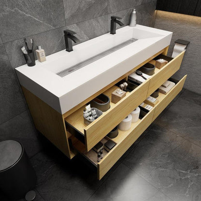 Moreno Bath MAX 60" Coffee Wood Wall-Mounted Vanity With Double Faucet Holes and Reinforced White Acrylic Sink