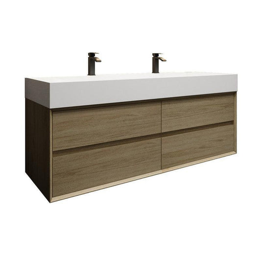 Moreno Bath MAX 60" Coffee Wood Wall-Mounted Vanity With Double Faucet Holes and Reinforced White Acrylic Sink