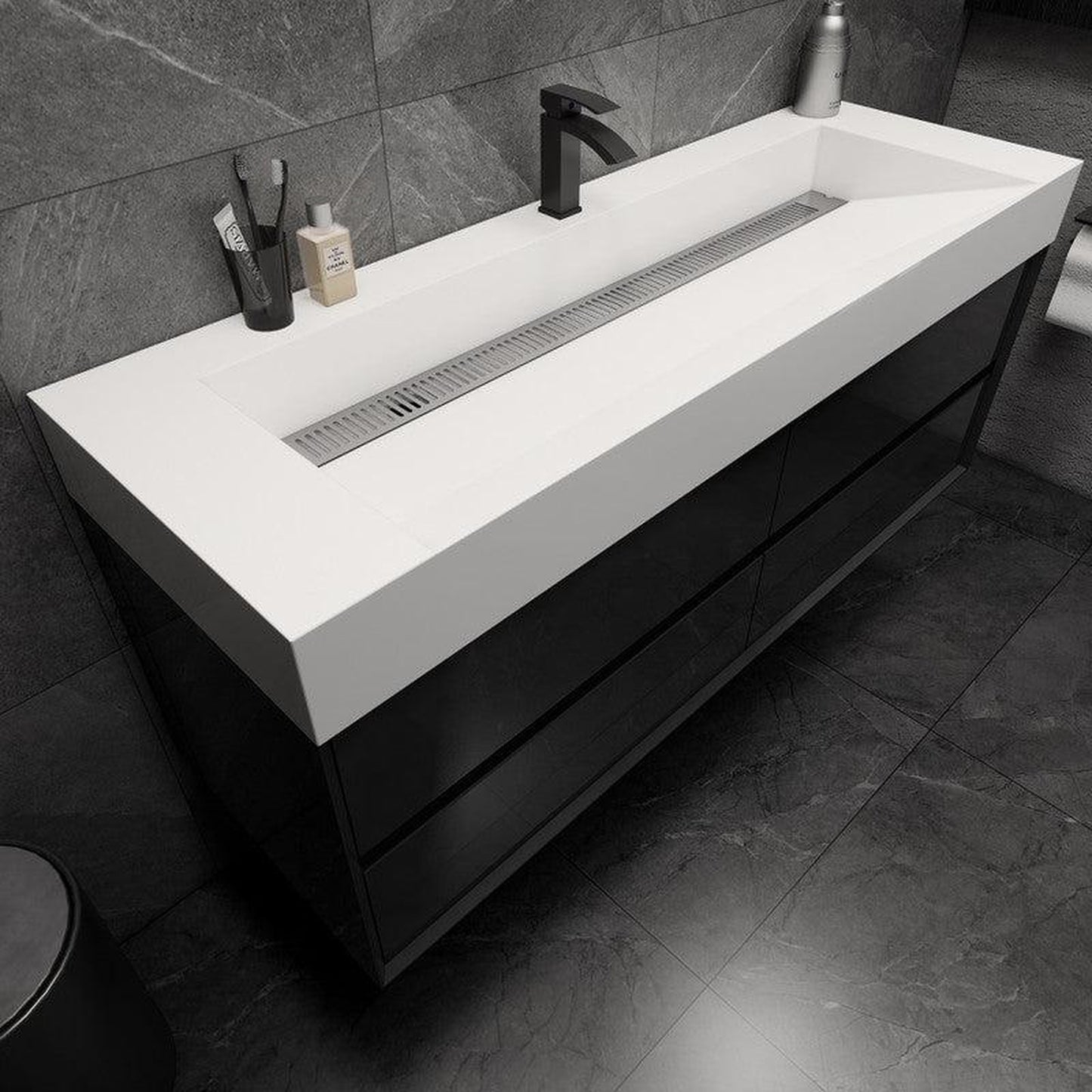 Moreno Bath MAX 60" Gloss Black Wall-Mounted Vanity With Single Faucet Hole and Reinforced White Acrylic Sink