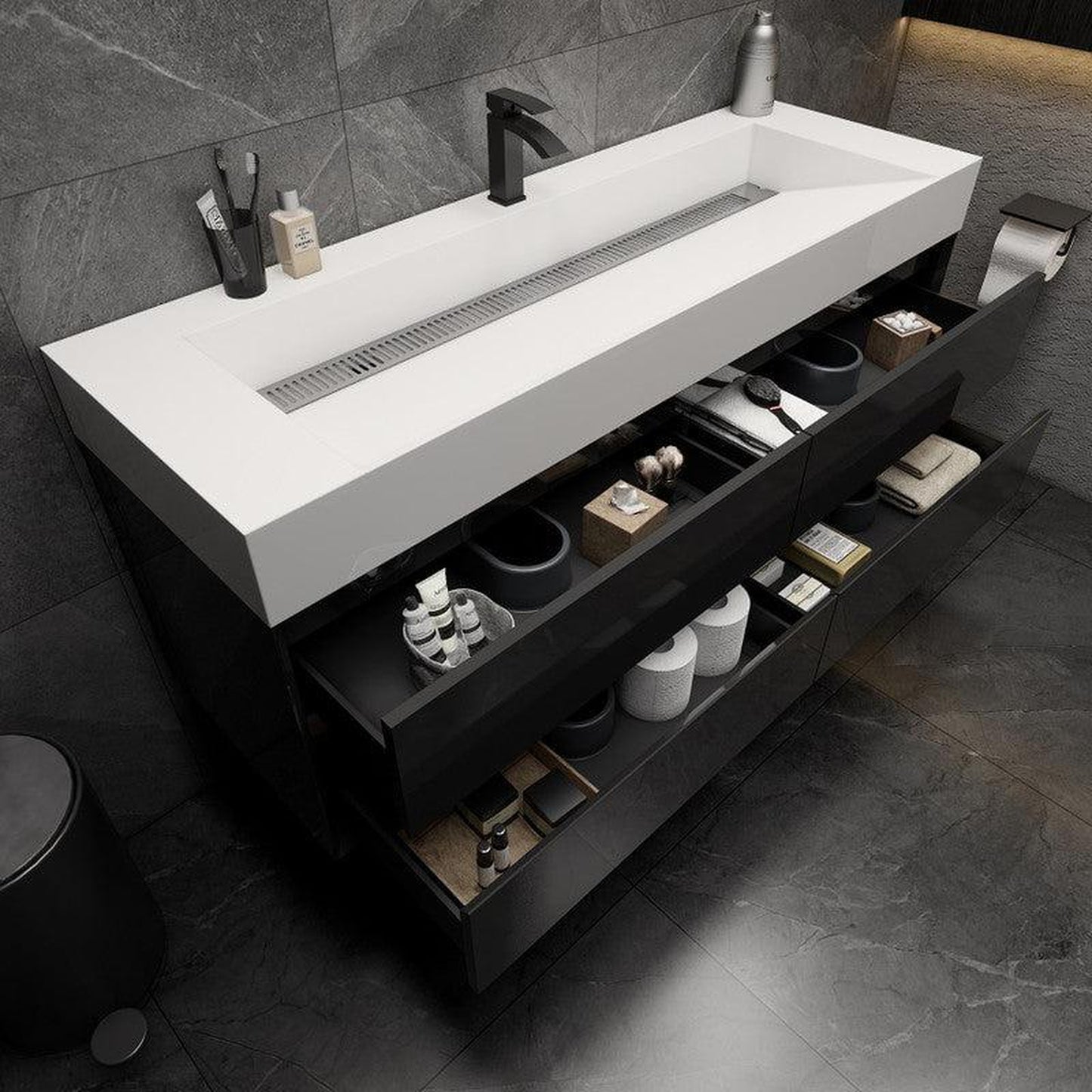 Moreno Bath MAX 60" Gloss Black Wall-Mounted Vanity With Single Faucet Hole and Reinforced White Acrylic Sink