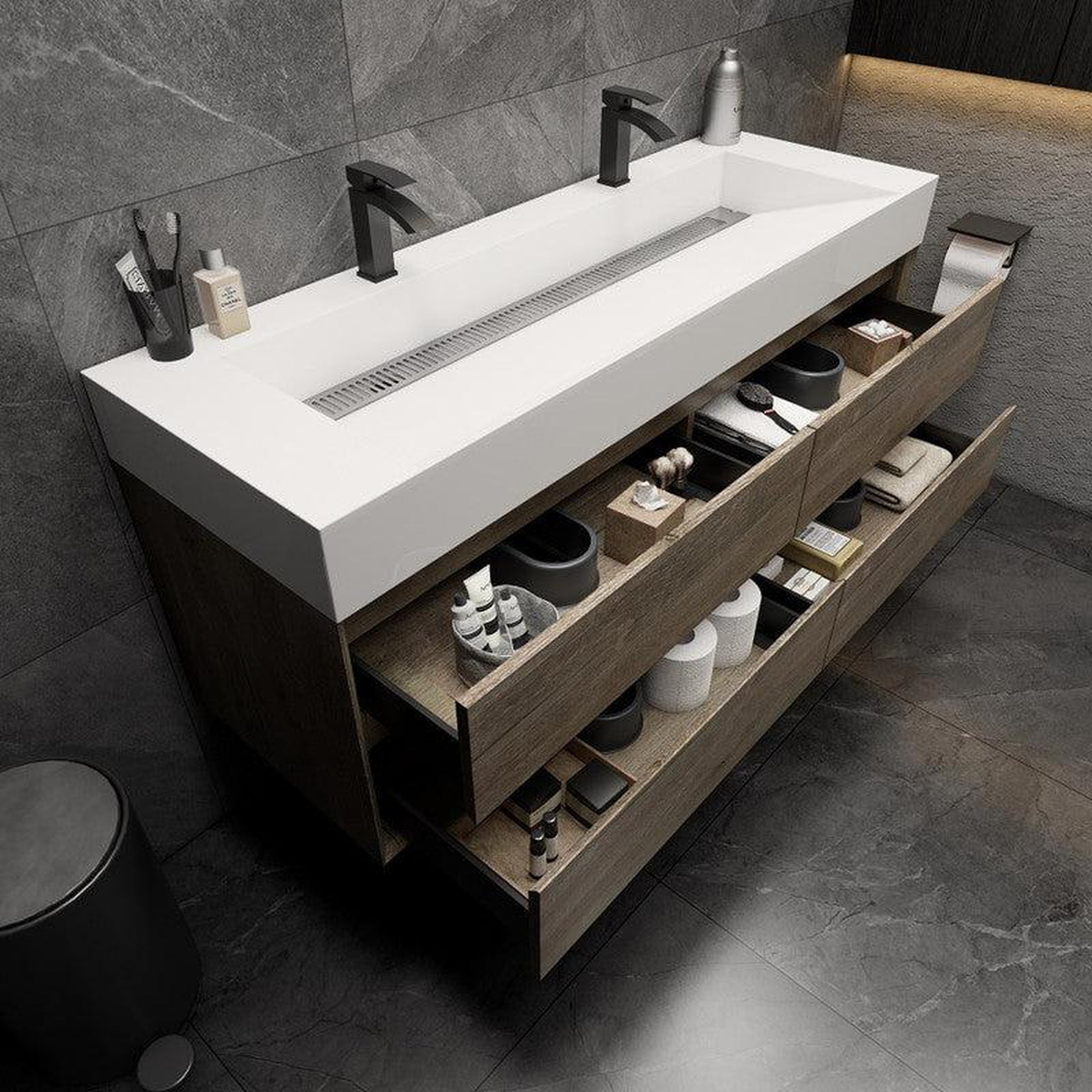 Moreno Bath MAX 60" Gray Oak Wall-Mounted Vanity With Double Faucet Holes and Reinforced White Acrylic Sink