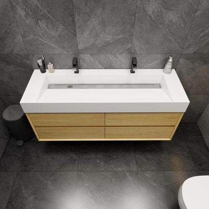 Moreno Bath MAX 60" Teak Oak Wall-Mounted Vanity With Double Faucet Holes and Reinforced White Acrylic Sink