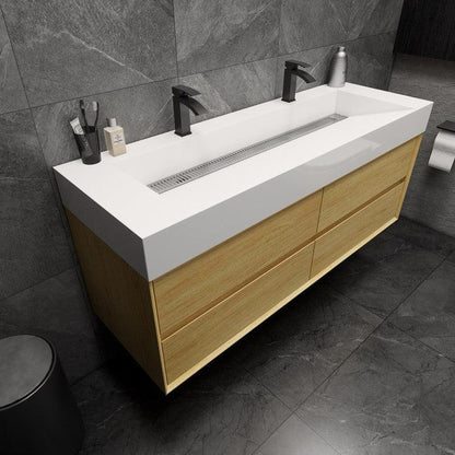 Moreno Bath MAX 60" Teak Oak Wall-Mounted Vanity With Double Faucet Holes and Reinforced White Acrylic Sink