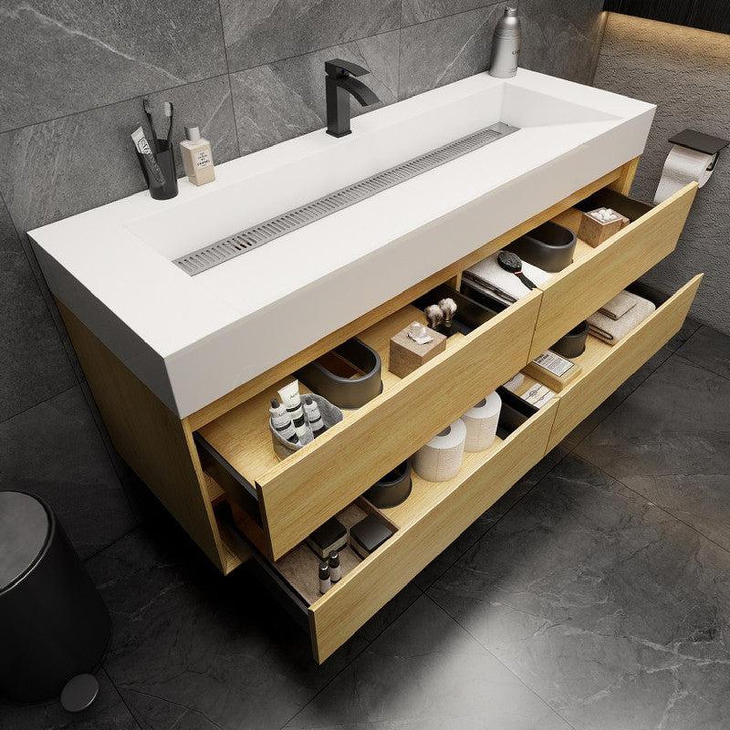 Moreno Bath MAX 60" Teak Oak Wall-Mounted Vanity With Single Faucet Hole and Reinforced White Acrylic Sink