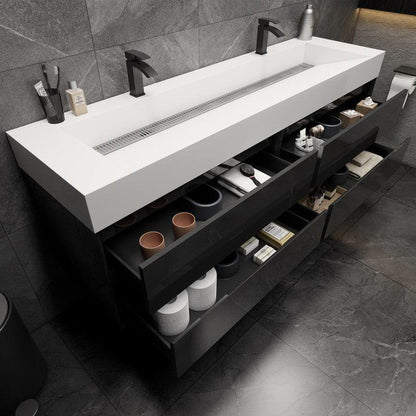 Moreno Bath MAX 72" Gloss Black Wall-Mounted Vanity With Double Faucet Holes and Reinforced White Acrylic Sink