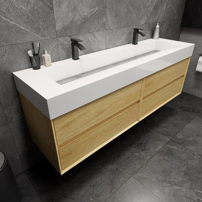 Moreno Bath MAX 72" Teak Oak Wall-Mounted Vanity With Double Faucet Holes and Reinforced White Acrylic Sink