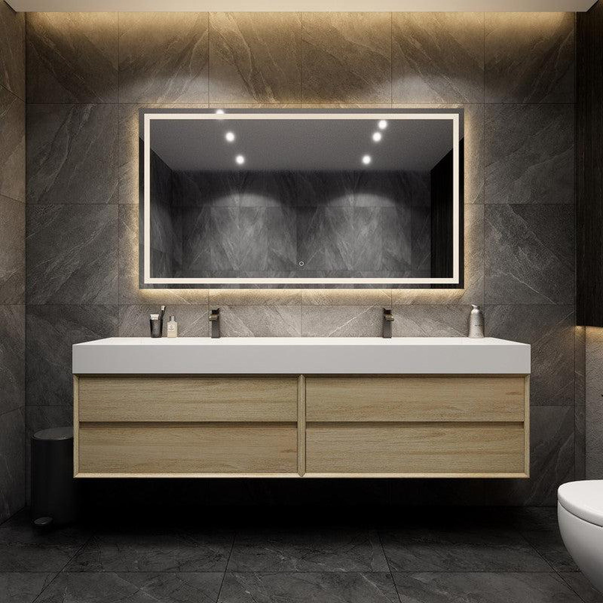 Moreno Bath MAX 84" Coffee Wood Wall-Mounted Vanity With Double Faucet Holes and Reinforced White Acrylic Sink