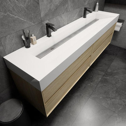 Moreno Bath MAX 84" Coffee Wood Wall-Mounted Vanity With Double Faucet Holes and Reinforced White Acrylic Sink