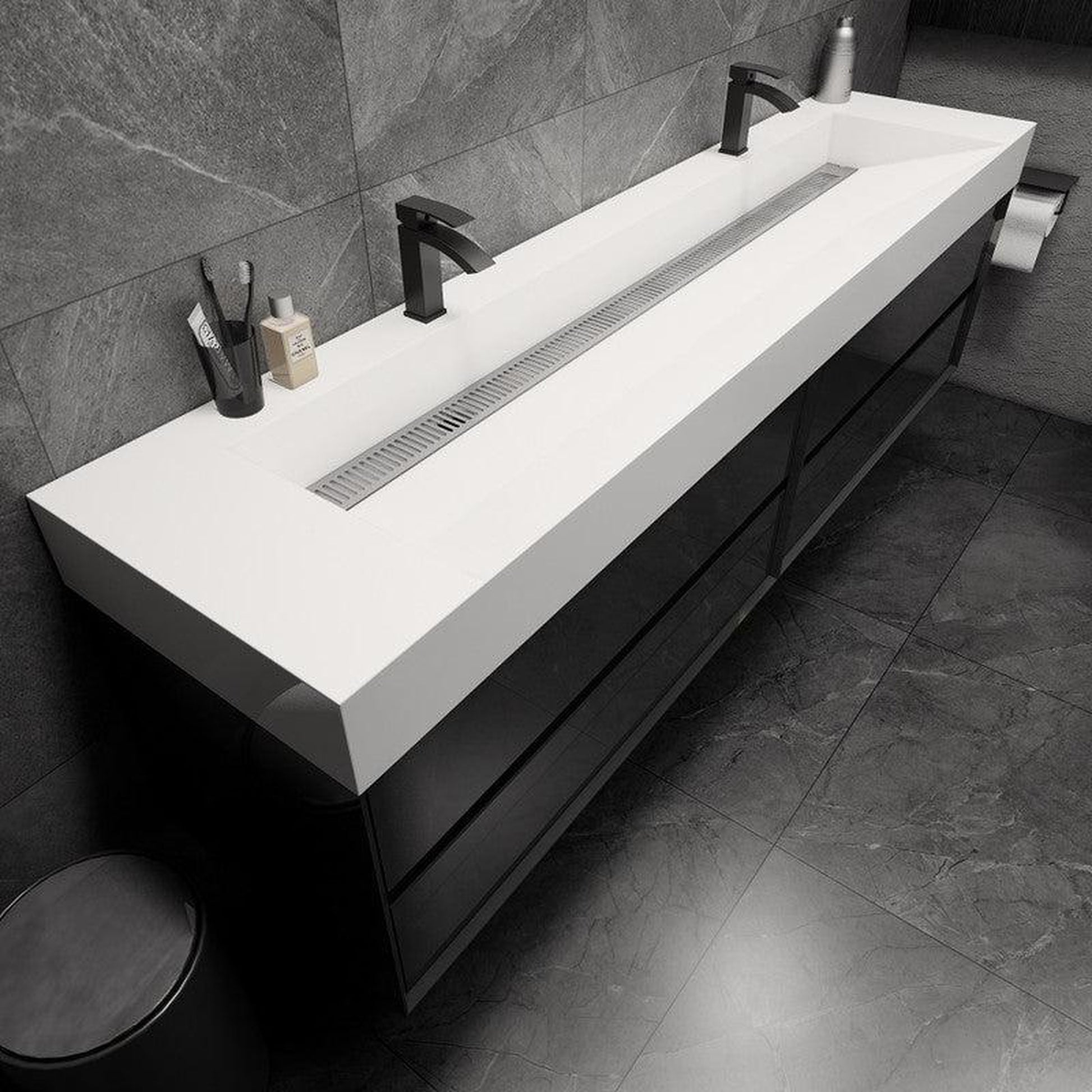Moreno Bath MAX 84" Gloss Black Wall-Mounted Vanity With Double Faucet Holes and Reinforced White Acrylic Sink