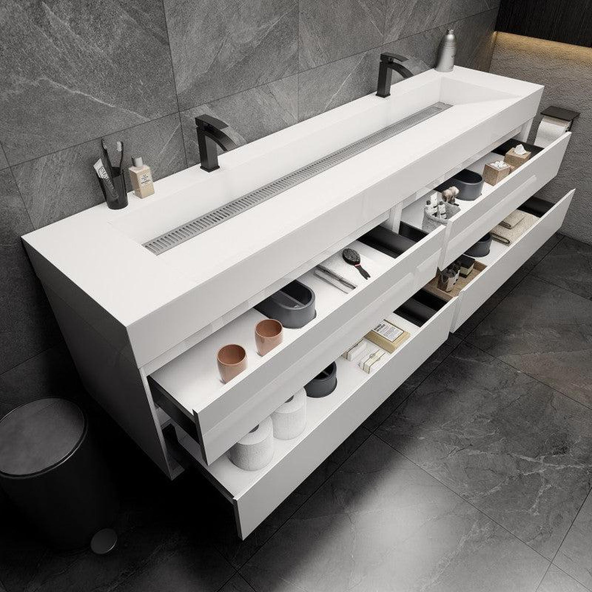 Moreno Bath MAX 84" Gloss White Wall-Mounted Vanity With Double Faucet Holes and Reinforced White Acrylic Sink