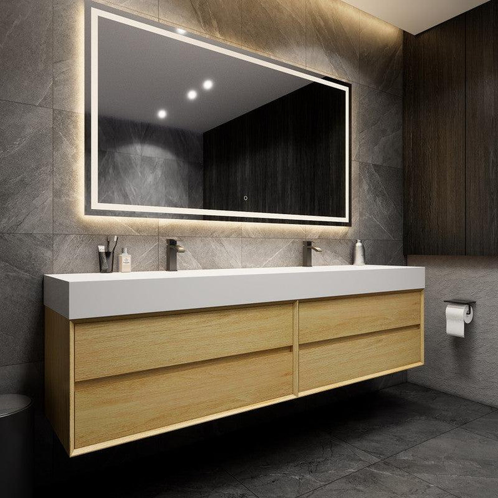 Moreno Bath MAX 84" Teak Oak Wall-Mounted Vanity With Double Faucet Holes and Reinforced White Acrylic Sink