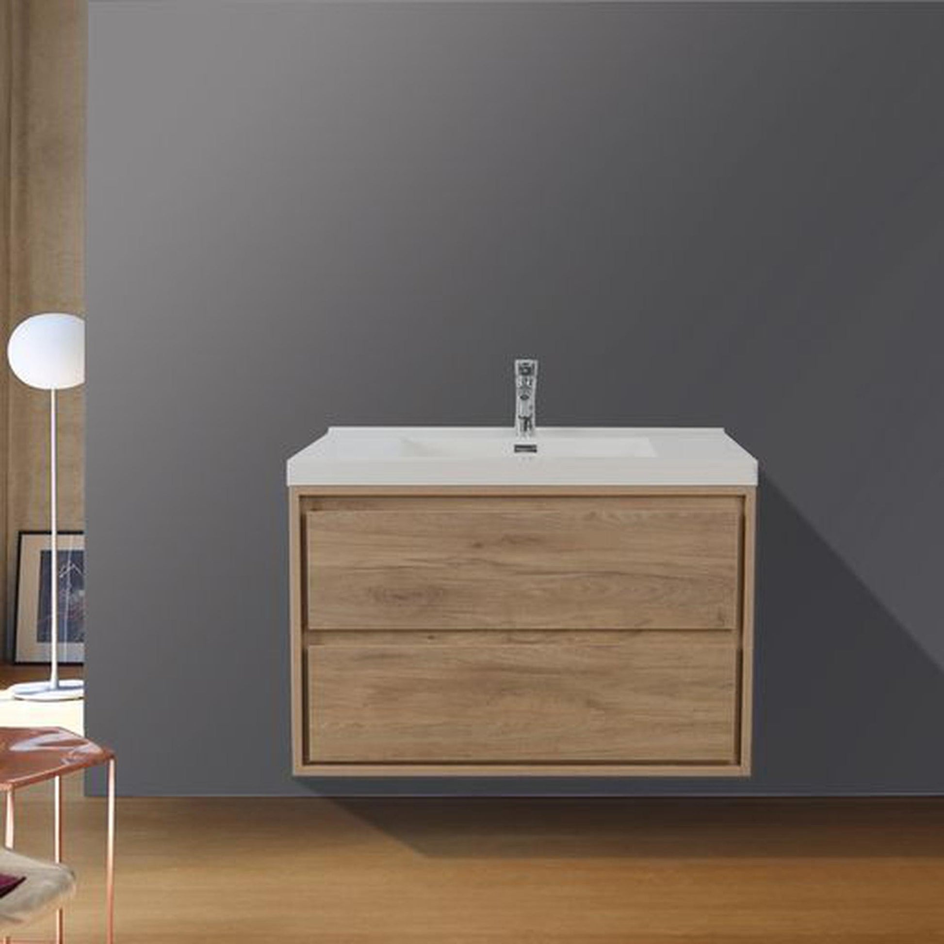 Moreno Bath Sage 36" White Oak Wall-Mounted Modern Vanity With Single Reinforced White Acrylic Sink