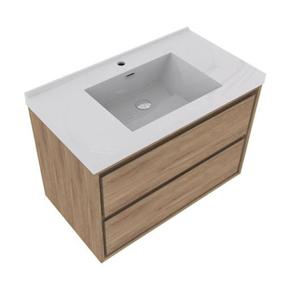 Moreno Bath Sage 36" White Oak Wall-Mounted Modern Vanity With Single Reinforced White Acrylic Sink