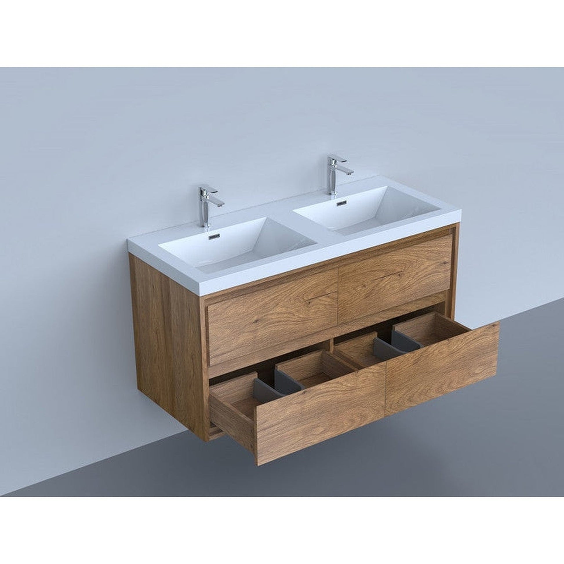 Moreno Bath Sage 48" White Oak Wall-Mounted Modern Vanity With Double Reinforced White Acrylic Sinks