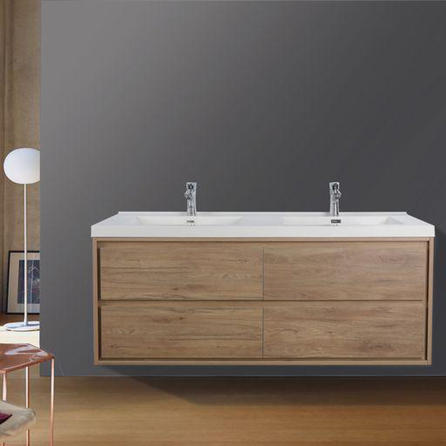 Moreno Bath Sage 60" White Oak Wall-Mounted Modern Vanity With Double Reinforced White Acrylic Sinks