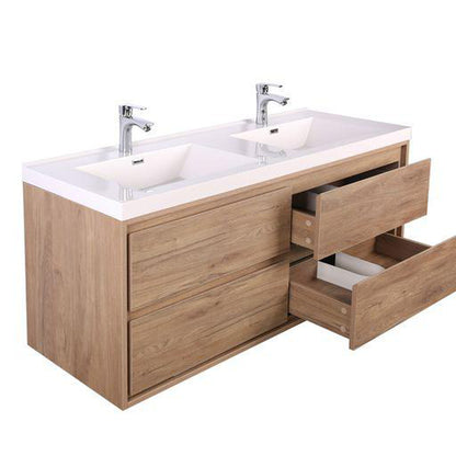 Moreno Bath Sage 60" White Oak Wall-Mounted Modern Vanity With Double Reinforced White Acrylic Sinks