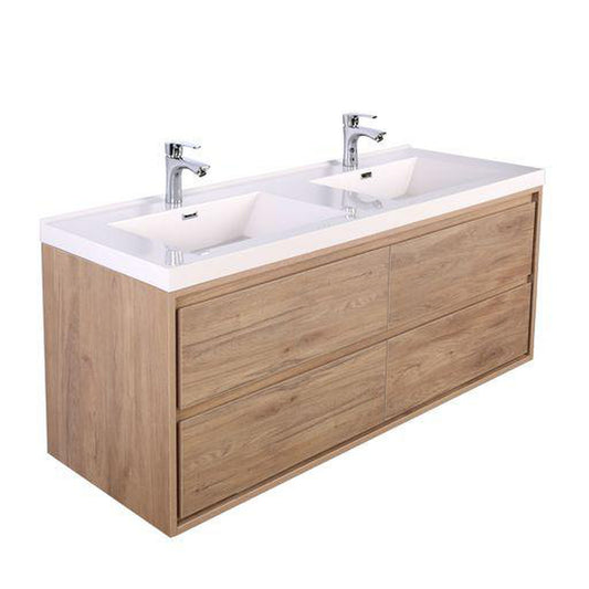 Moreno Bath Sage 60" White Oak Wall-Mounted Modern Vanity With Double Reinforced White Acrylic Sinks