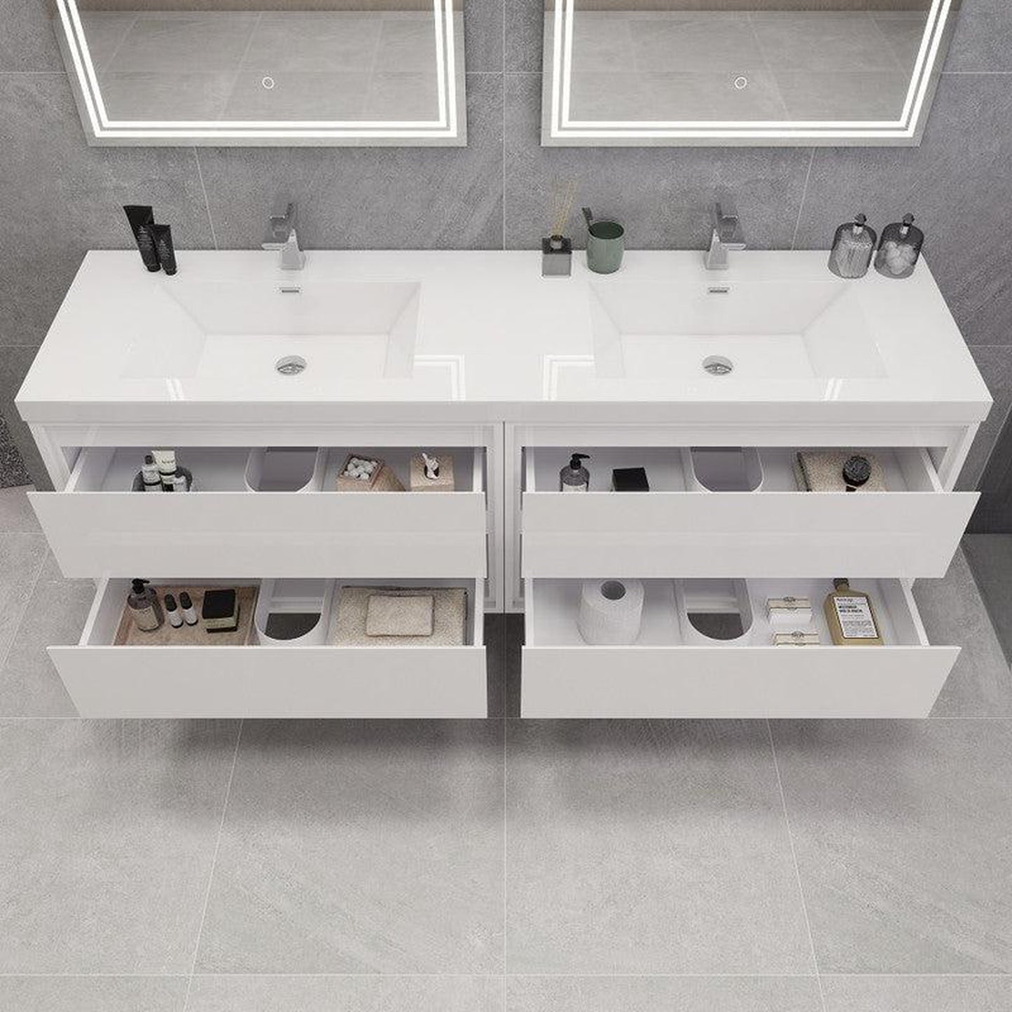 Moreno Bath Sage 84" High Gloss White Wall-Mounted Modern Vanity With Double Reinforced White Acrylic Sinks