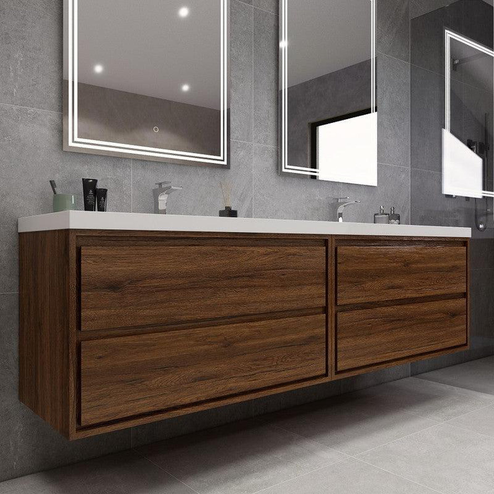 Moreno Bath Sage 84" Rosewood Wall-Mounted Modern Vanity With Double Reinforced White Acrylic Sinks