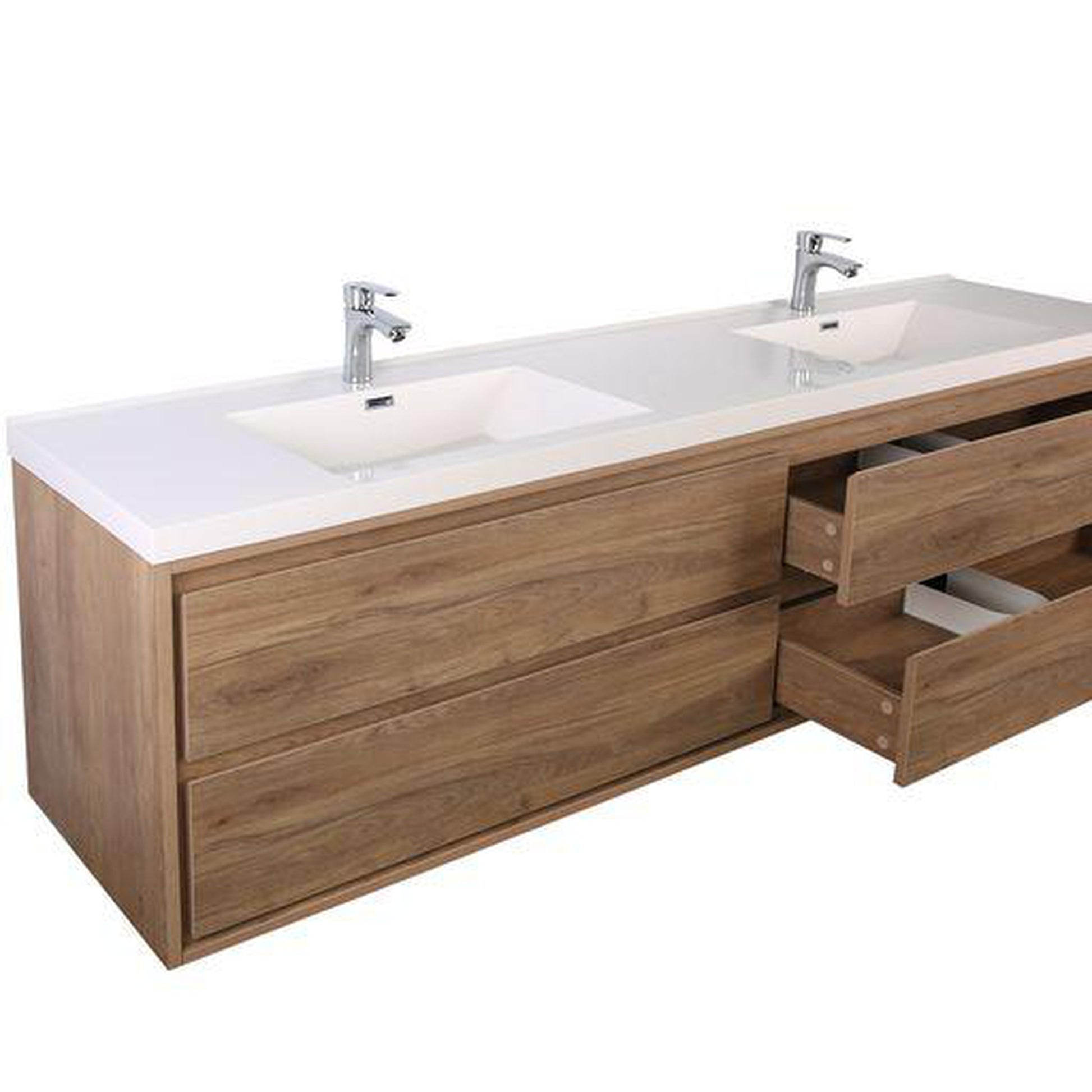 Moreno Bath Sage 84" White Oak Wall-Mounted Modern Vanity With Double Reinforced White Acrylic Sinks