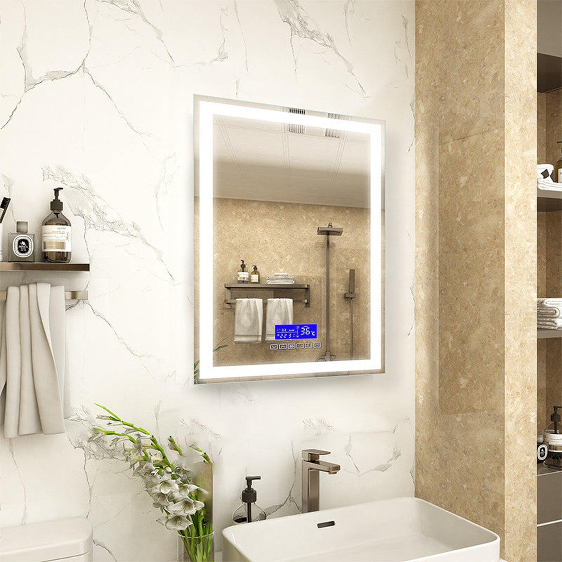 Moreno Florence 24" x 36" Frameless LED Mirror With Bluetooth, Time, and Temperature