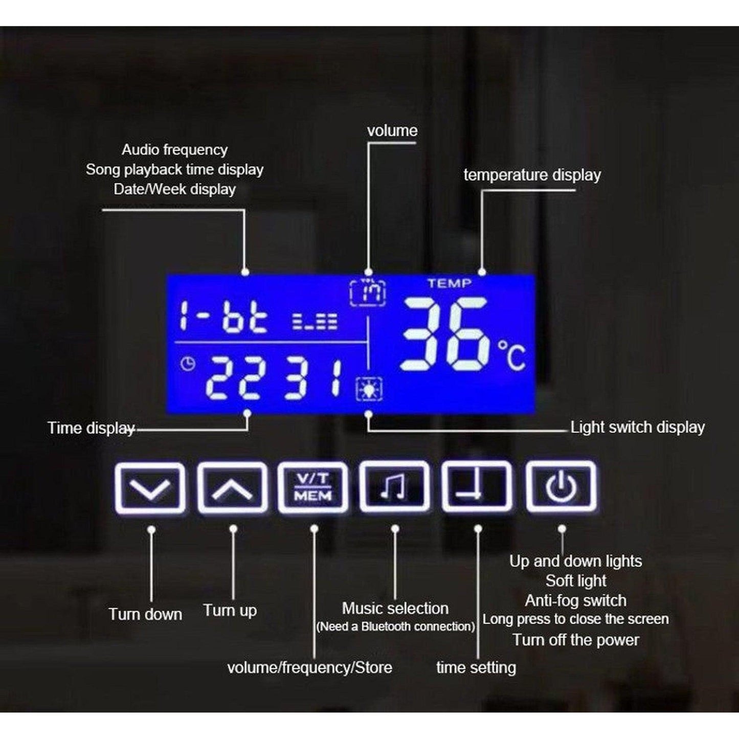 Moreno Florence 24" x 36" Frameless LED Mirror With Bluetooth, Time, and Temperature