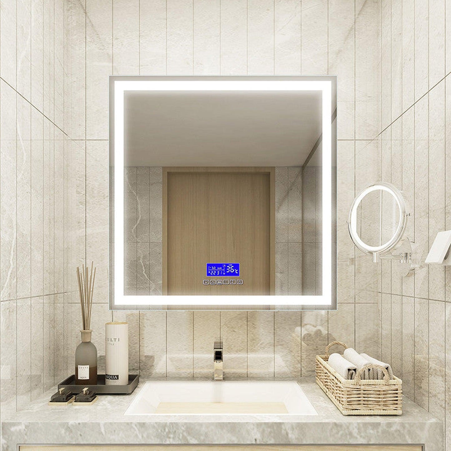 Moreno Florence 36" x 36" Frameless LED Mirror With Bluetooth, Time, and Temperature