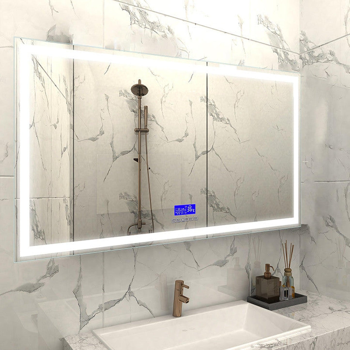 Moreno Florence 68" x 36" Frameless LED Mirror With Bluetooth, Time and Temperature