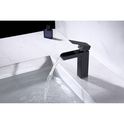 Moreno Nelli 6” x 7” Single Hole Matte Black Waterfall Faucet With Red/Blue Indicators