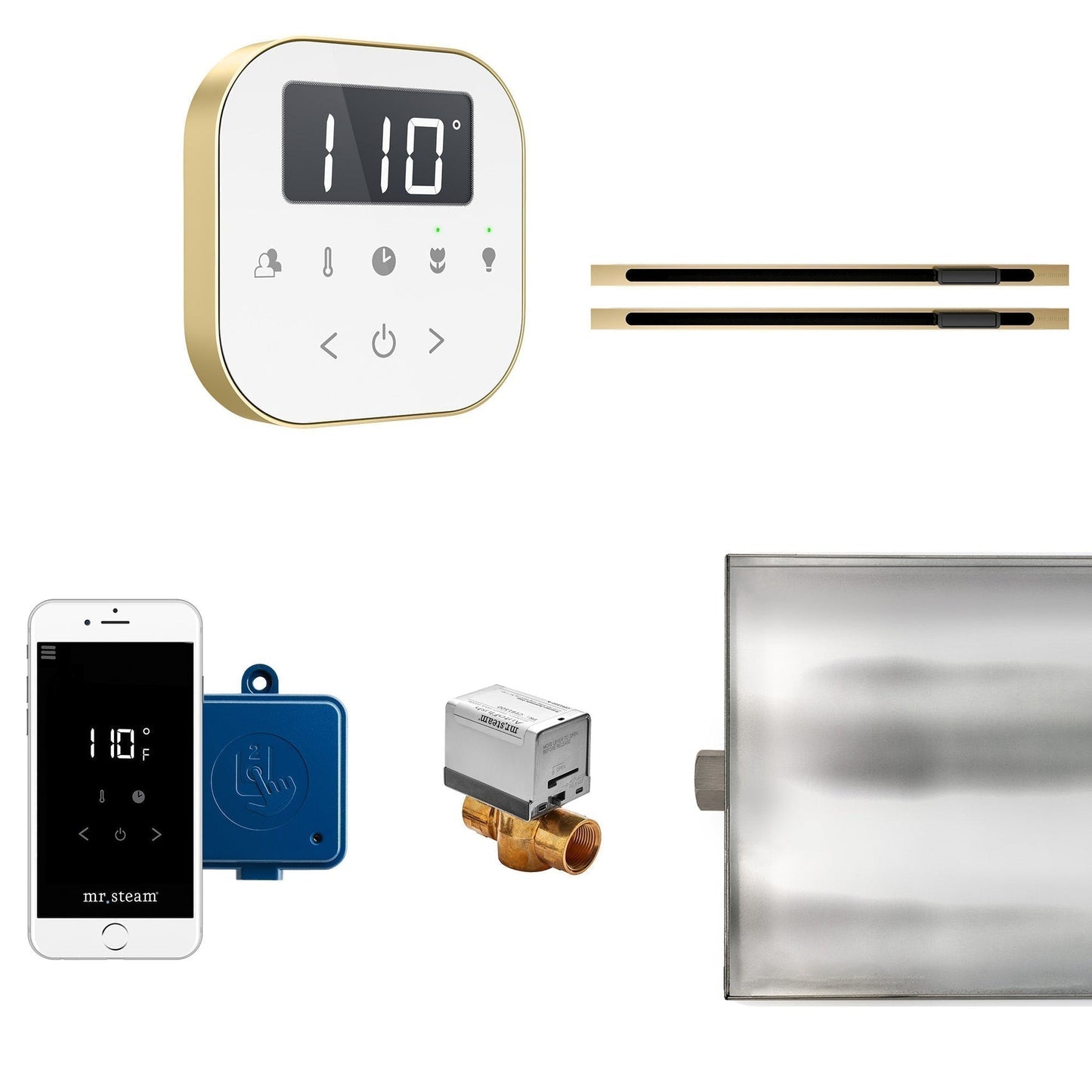 MrSteam AirButler Max Linear 36" x 12" x 12" Steam Generator Control Kit Package in White Satin Brass