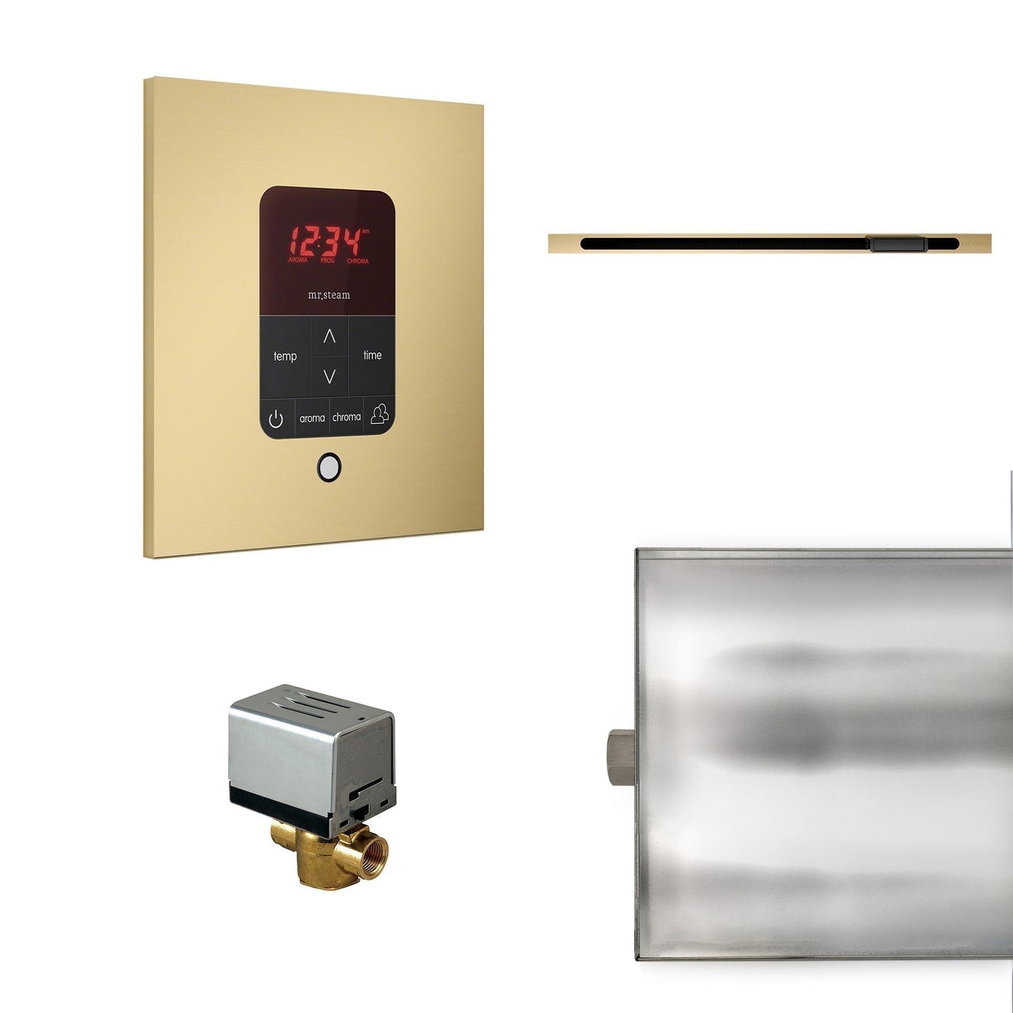 MrSteam Basic Butler Linear 28" x 13" x 11" Steam Generator Control Kit Package in Square Satin Brass