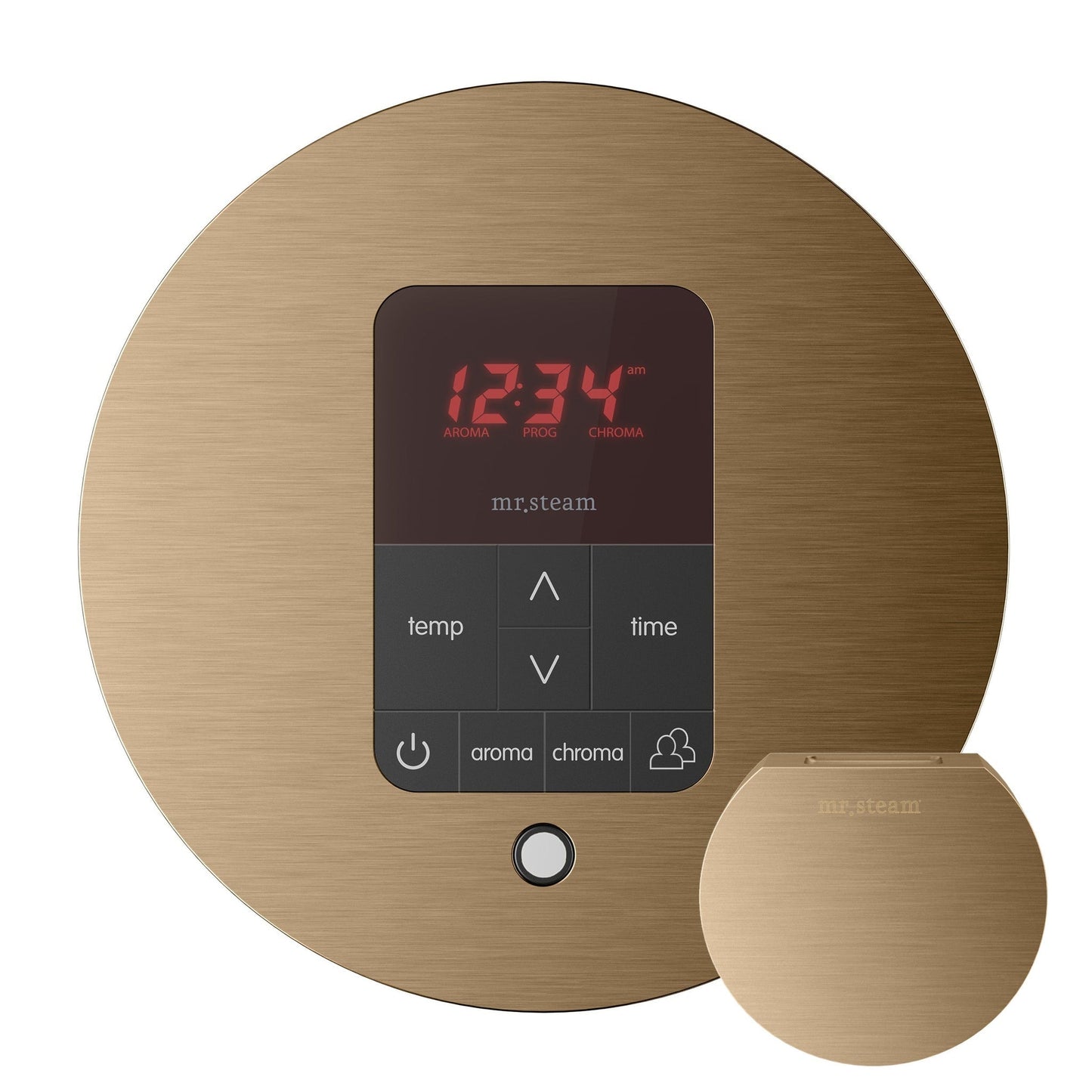 MrSteam Butler 28" x 13" x 11" Brushed Bronze Steam Generator Control Kit Package in Round with Autoflush, Condensation Pan, Steamlinx, Steamhead