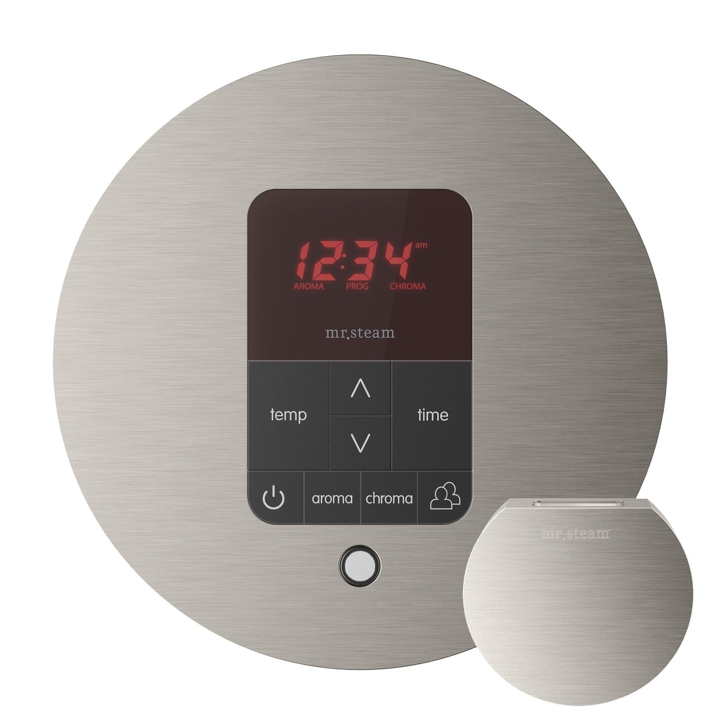 MrSteam Butler 28" x 13" x 11" Brushed Nickel Steam Generator Control Kit Package in Round with Autoflush, Condensation Pan, Steamlinx, Steamhead