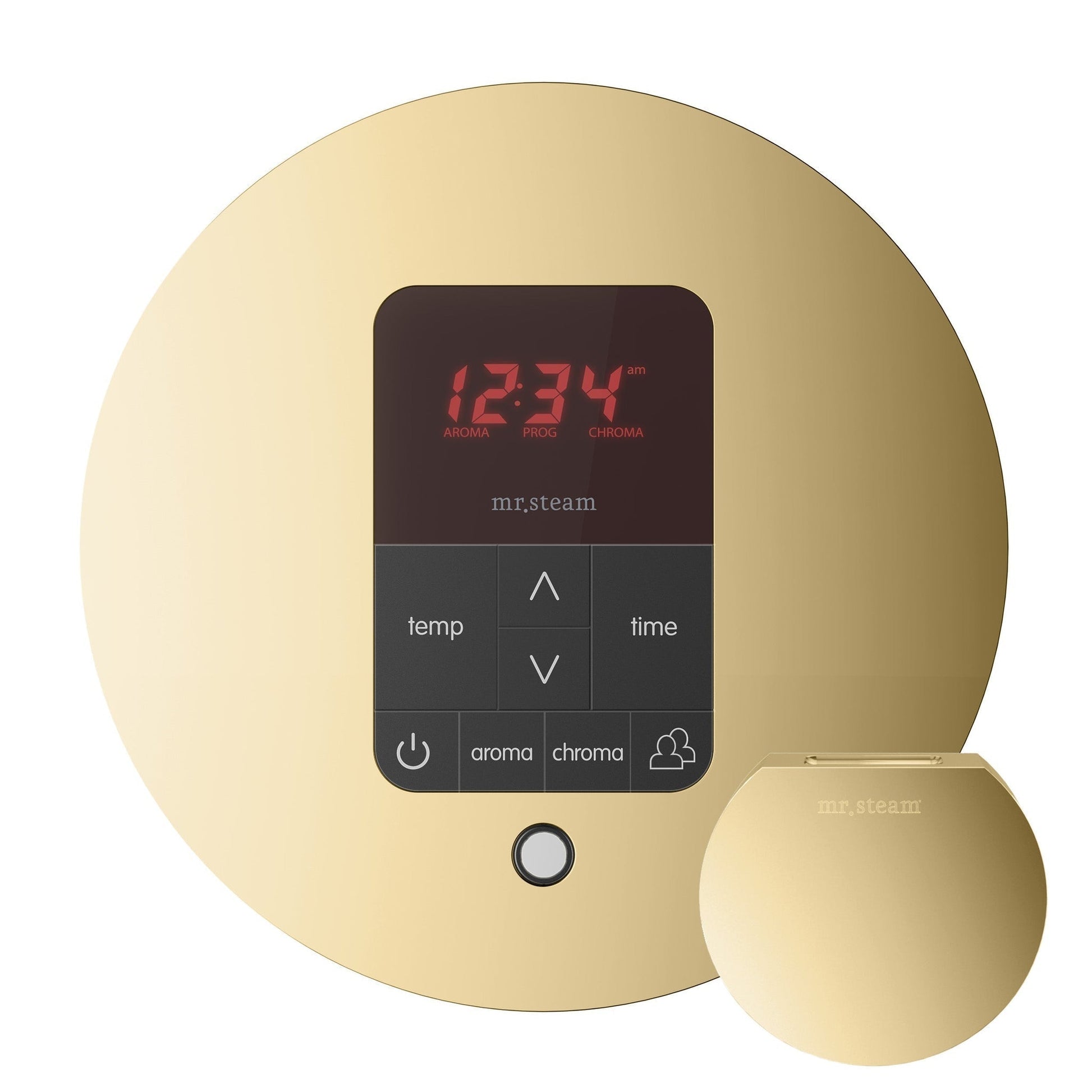 MrSteam Butler 28" x 13" x 11" Polished Brass Steam Generator Control Kit Package in Round with Autoflush, Condensation Pan, Steamlinx, Steamhead