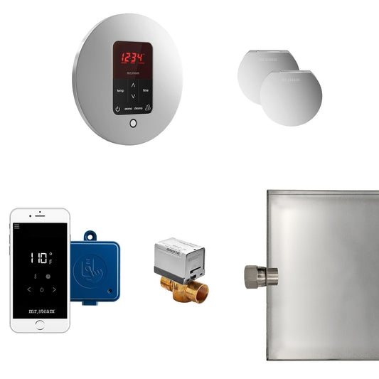 MrSteam Butler 28" x 13" x 11" Polished Chrome Steam Generator Control Kit Package in Round with Autoflush, Condensation Pan, Steamlinx, Steamhead