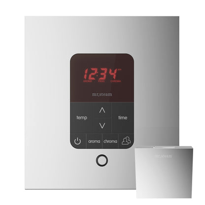 MrSteam Butler 28" x 13" x 11" Polished Chrome Steam Generator Control Kit Package in Square with Autoflush, Condensation Pan, Steamlinx, Steamhead