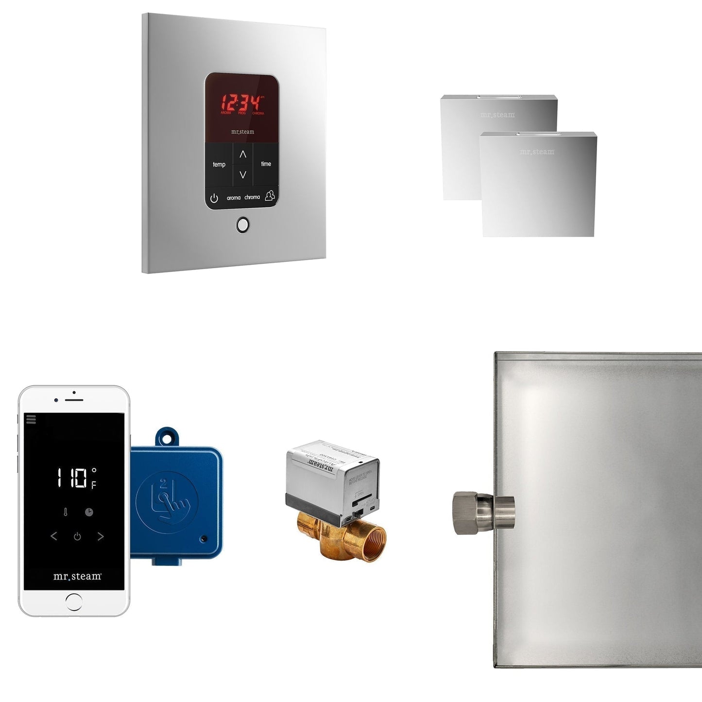 MrSteam Butler 28" x 13" x 11" Polished Chrome Steam Generator Control Kit Package in Square with Autoflush, Condensation Pan, Steamlinx, Steamhead