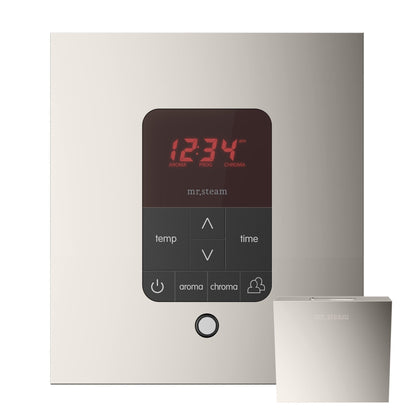 MrSteam Butler 28" x 13" x 11" Polished Nickel Steam Generator Control Kit Package in Square with Autoflush, Condensation Pan, Steamlinx, Steamhead