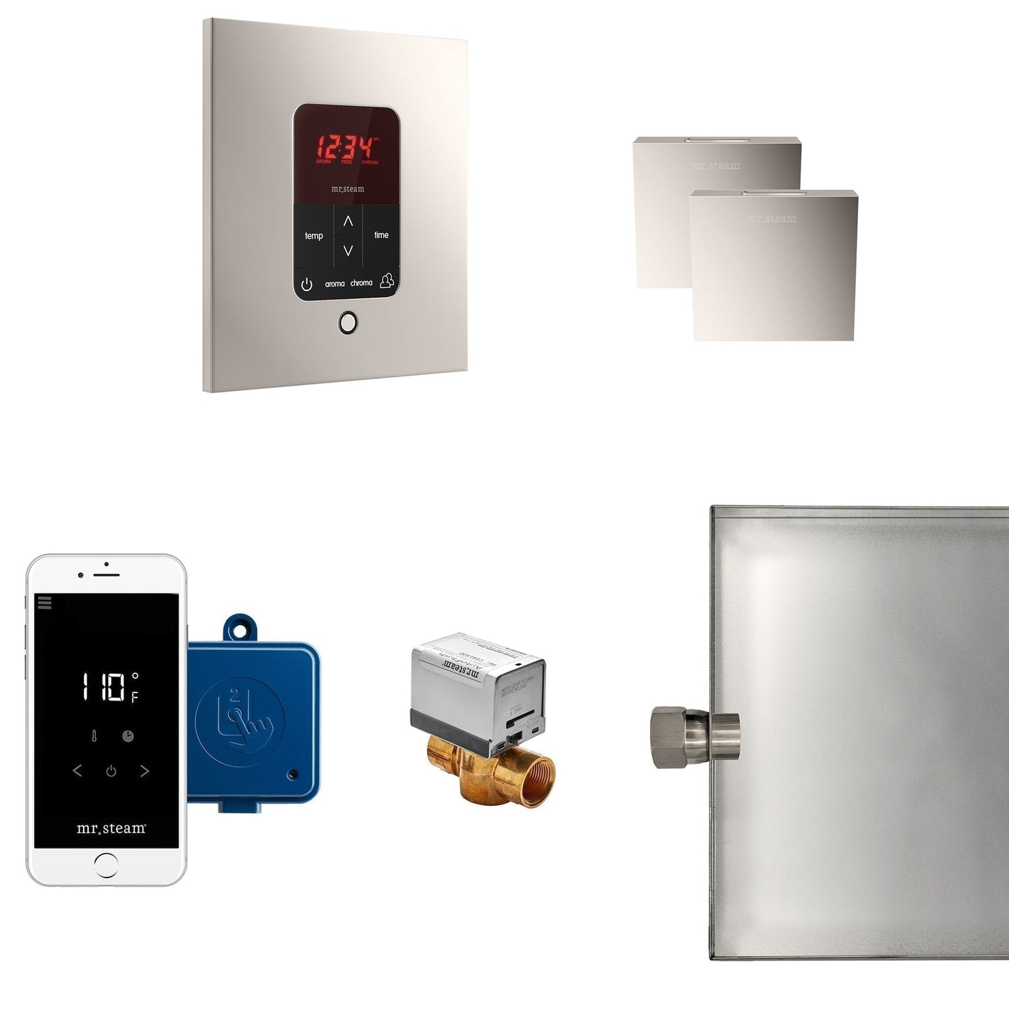 MrSteam Butler 28" x 13" x 11" Polished Nickel Steam Generator Control Kit Package in Square with Autoflush, Condensation Pan, Steamlinx, Steamhead
