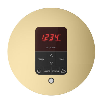 MrSteam Butler 28" x 13" x 11" Satin Brass Steam Generator Control Kit Package in Round with AutoFlush, Condensation Pan, SteamLinx, Steamhead