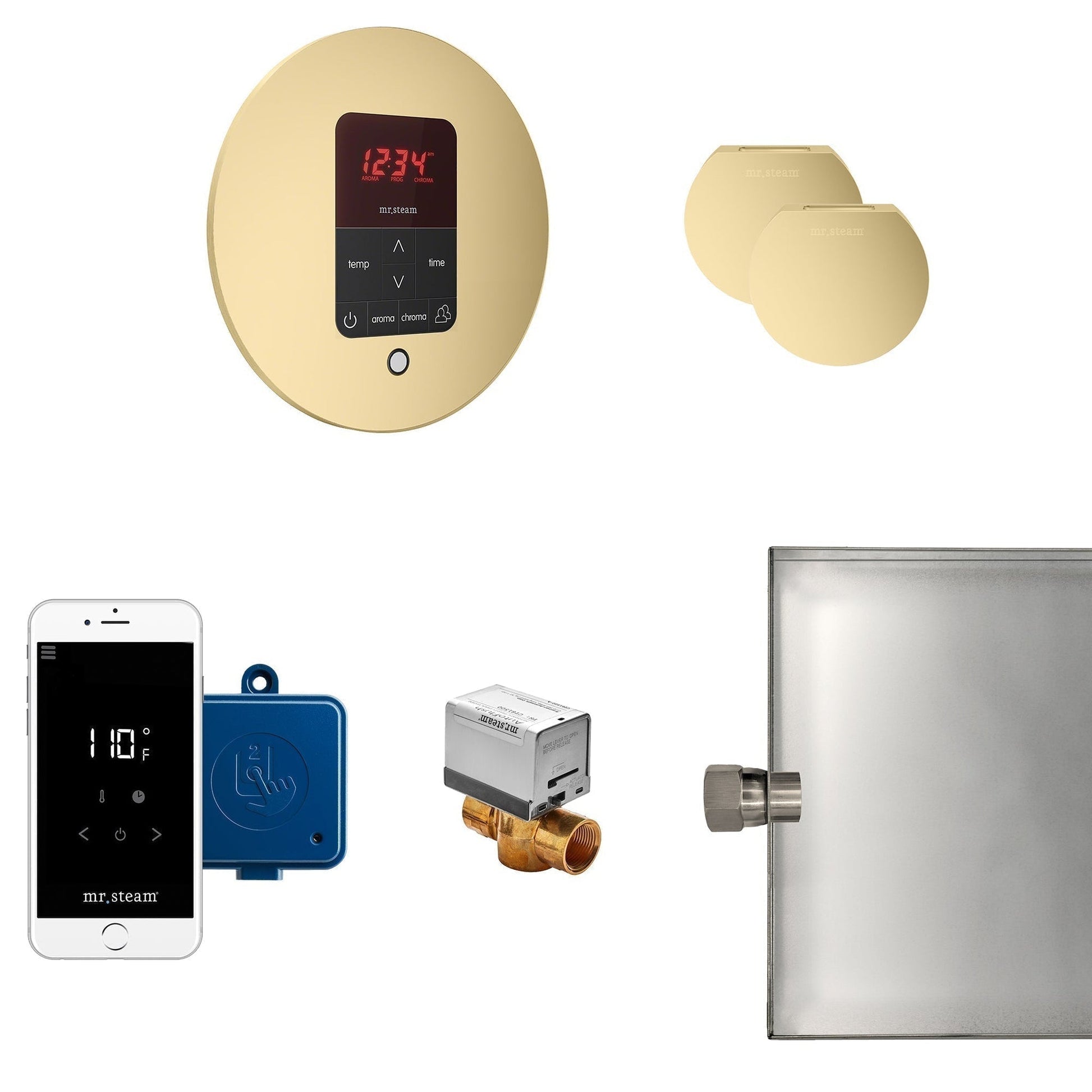 MrSteam Butler 28" x 13" x 11" Satin Brass Steam Generator Control Kit Package in Round with AutoFlush, Condensation Pan, SteamLinx, Steamhead