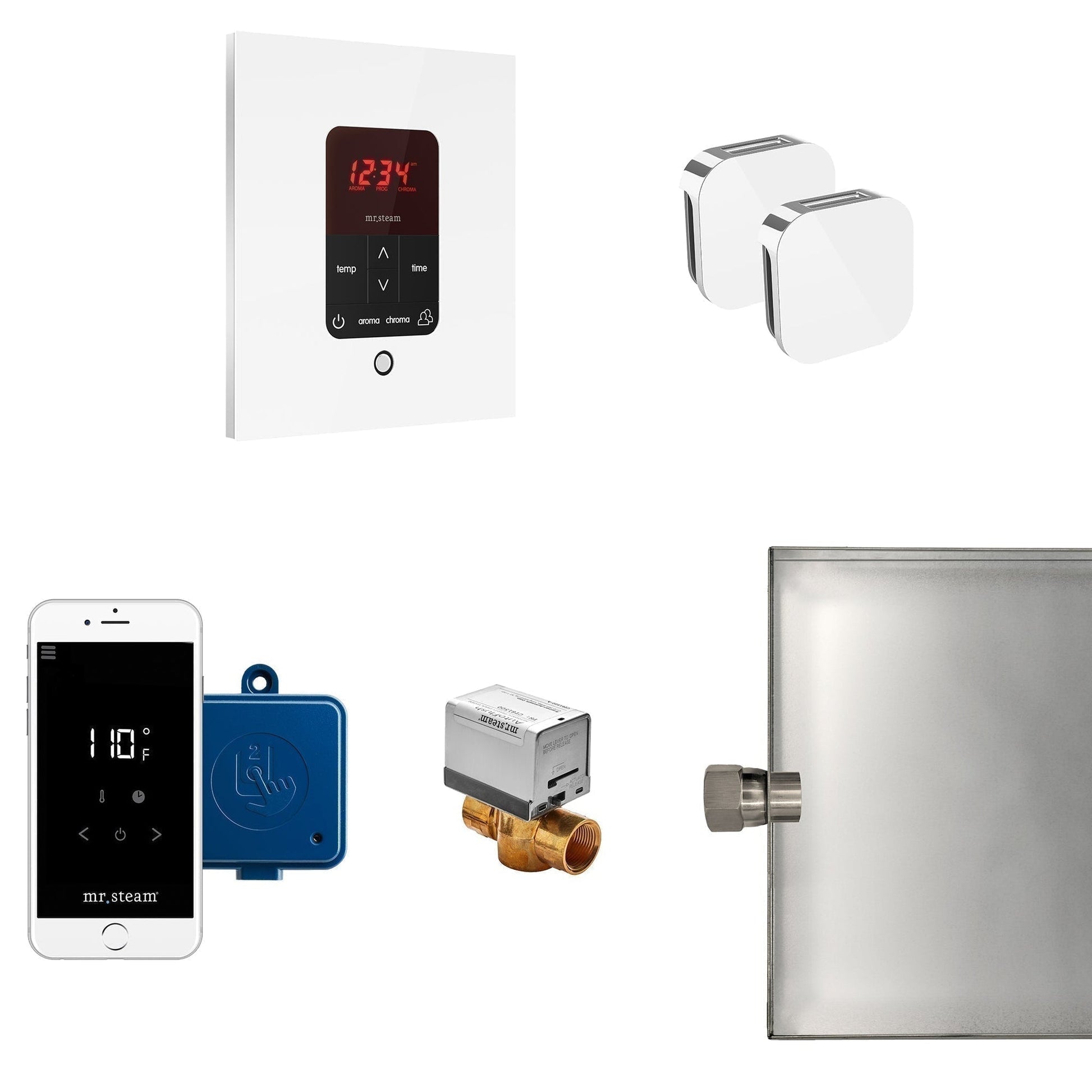 MrSteam Butler 28" x 13" x 11" White Steam Generator Control Kit Package in Square with Autoflush, Condensation Pan, Steamlinx, Steamhead