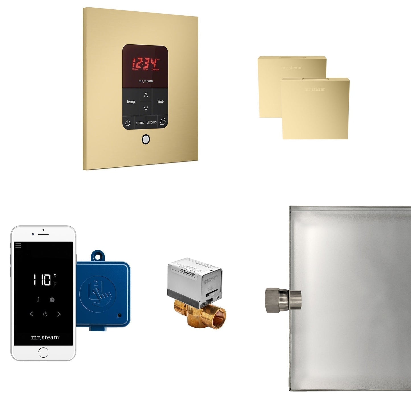 MrSteam Butler 28" x13" x 11" Satin Brass Steam Generator Control Kit Package in Square with Autoflush, Condensation Pan, Steamlinx, Steamhead