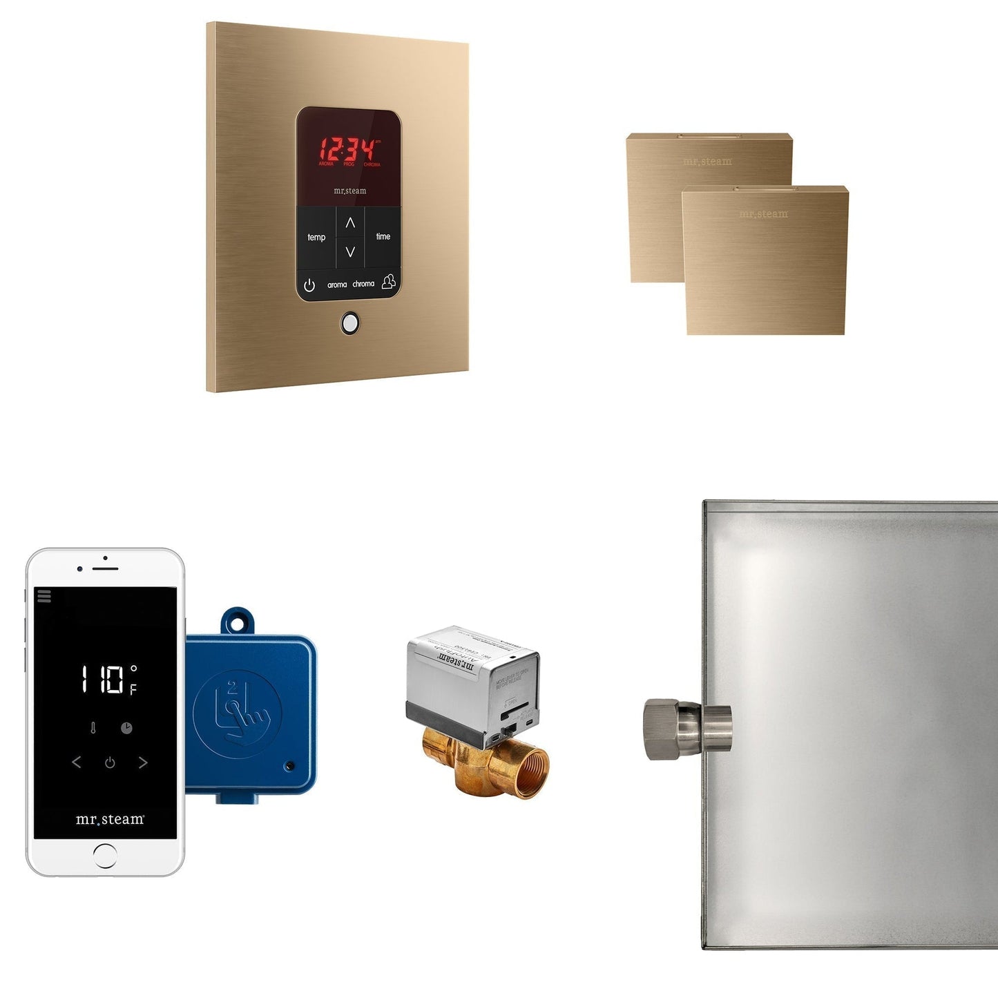 MrSteam Butler 36” x 12” x 12” Brushed Bronze Max Steam Generator Control Kit Package in Square with Autoflush, Condensation Pan, Steamlinx, Steamhead