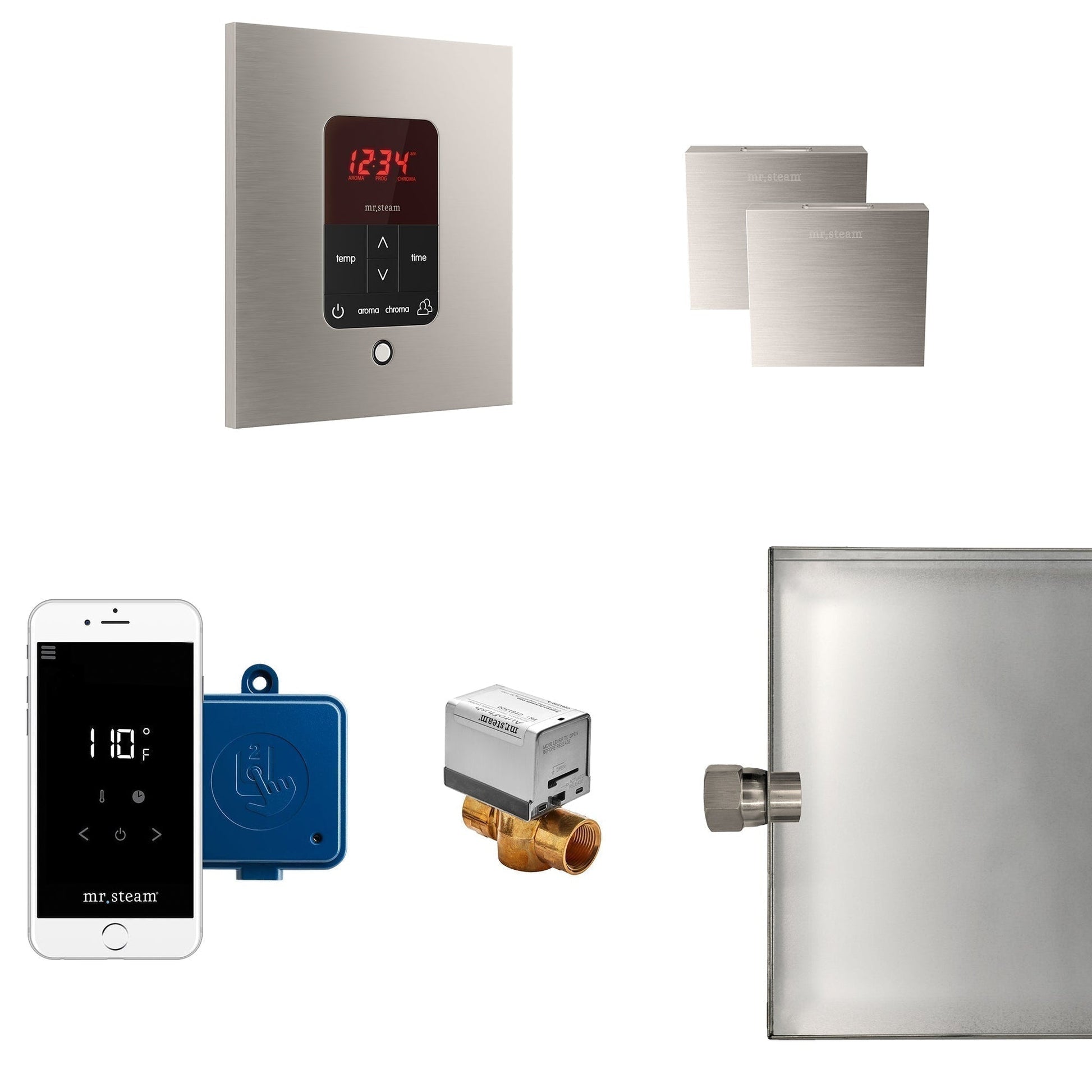 MrSteam Butler 36 x 12 x 12 Brushed Nickel Max Steam Generator Control Kit Package in Square with Autoflush, Condensation Pan, Steamlinx, Steamhead